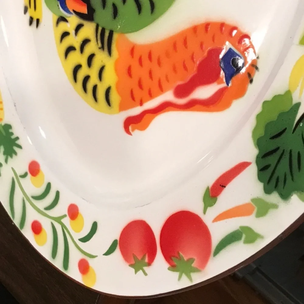 Turkey Enamelware Platter HUGE Oval Platter Bright Colors Texture HONG KONG